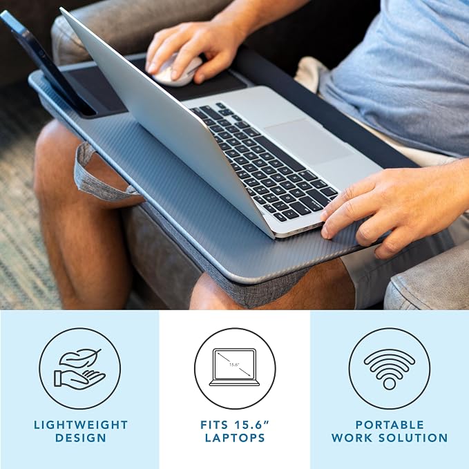 LAPGEAR Home Office Pro Lap Desk – Silver Carbon, Fits 15.6” Laptops | Built-In Mouse Pad & Phone Slot, Wide Cushioned Wrist Rest, Dual-Bolster Microbead Cushion, Carry Handle