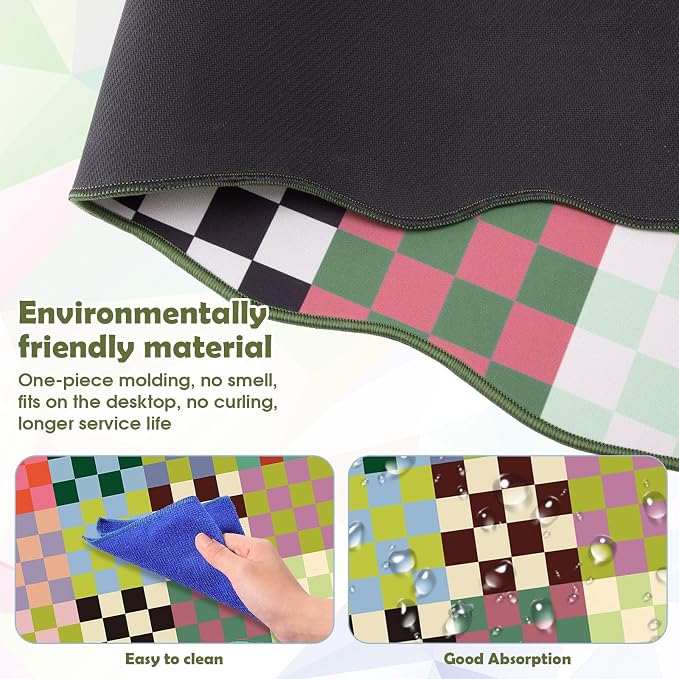1 Pcs Colorful Scalloped Checkered Desk Mat 31.5 x 11.8 Large Cute Mouse Pad Computer Mat Non Slip Waterproof Rubber Base with Border Stitching Soft Keyboard Pad for Home Office Game Makeup