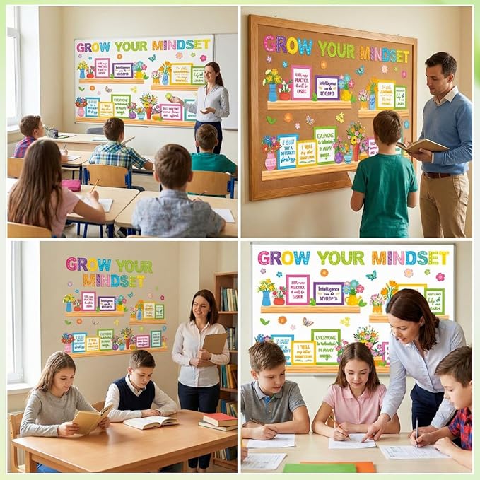 Qilery Growth Mindset Bulletin Board Set - Spring Floral Classroom Decor | Growth Mindset Positive Affirmation Wall Art, Motivational Potted Plant Cutouts for Teacher & Elementary School Counselor
