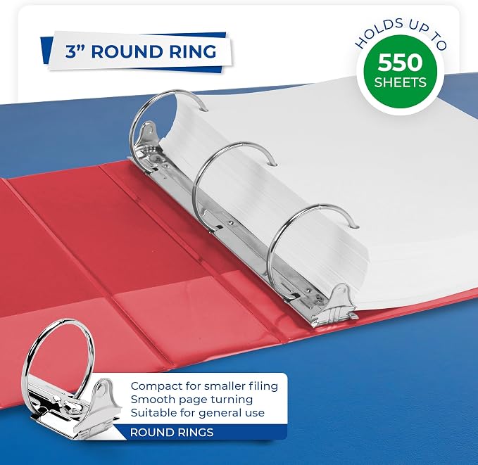Samsill 3 Inch 3 Ring Binders, Economy Round Ring, Clear View Cover, 550 Sheet Capacity - for School, Home, Office - Red, 12 Pack