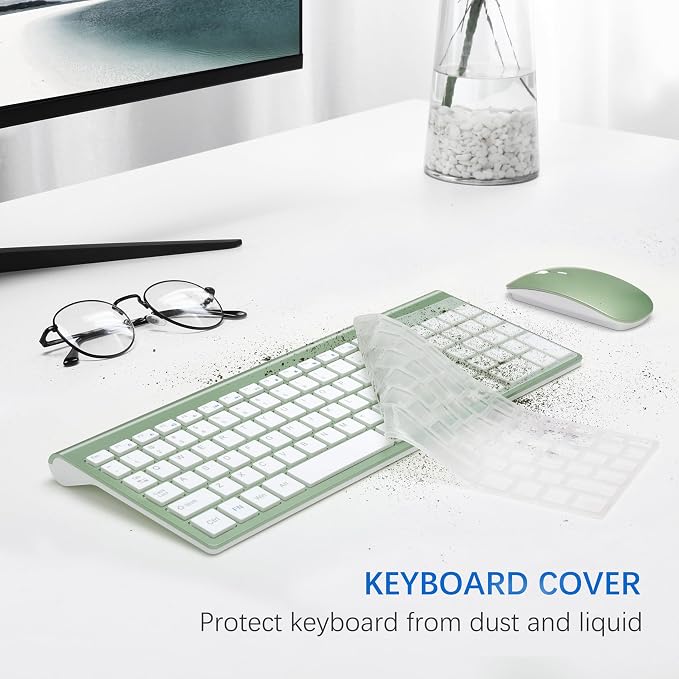 Wireless Keyboard and Mouse Ultra Slim Combo, TopMate - Green White | 2.4G Silent Compact 2400DPI Mouse and Scissor Switch Keyboard Set with Cover, Batteries Included, for PC/Laptop/Windows/Mac