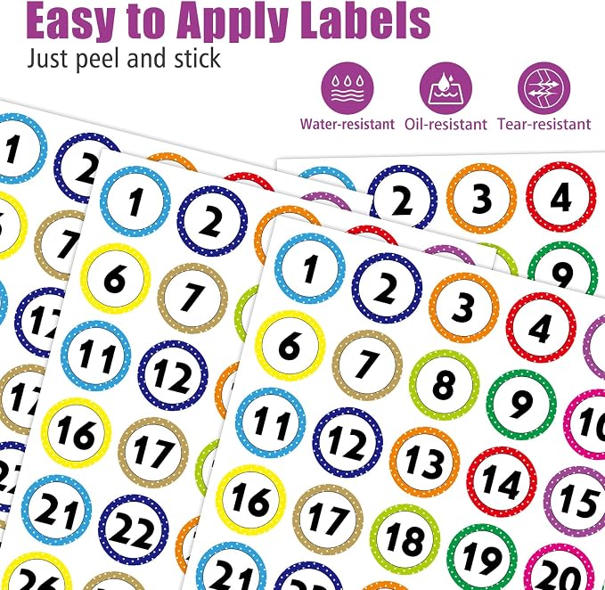 800 Number Stickers 1-40, 20 Sheets of Polka Dot Waterproof/Oil-Resistant/Tear-Resistant Removable Numbered Labels, Suitable for Storage Boxes, Cabinets, Bookshelves, Desks, Chairs, etc. (1 Inch)