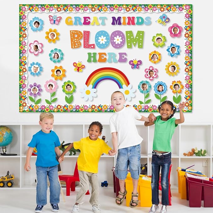 53Pcs Spring Bulletin Board Decorations Set, Great Minds Bloom Here Classroom Bulletin Board Decor, Spring Flower Bulletin Board Borders Decor for Classroom Elementary Back to School Office Wall Door