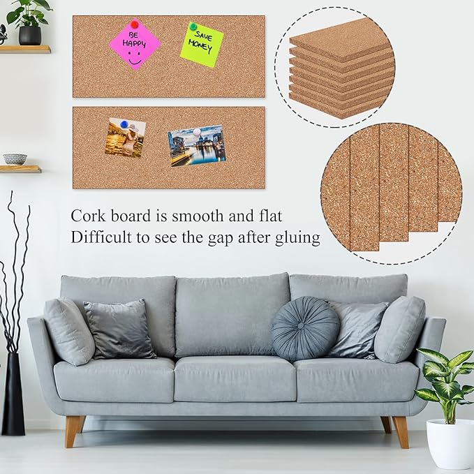 NACHLYNN Cork Board 12 Pack 17 x 8 Square Bulletin Board for Wall Self-Adhesive Corkboards with 100 Push Pins Frameless Cork Tiles for Walls Home Office