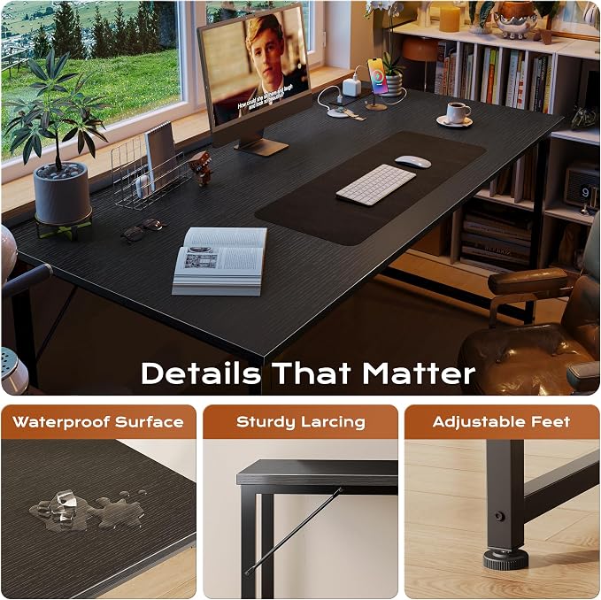 54 X 24 Inch Deeper Desk with Power Outlets | Large Computer Desk for Bedroom, Office Desk for Work from Home, Writing Study Gaming Table, Stable Metal Frame, Black