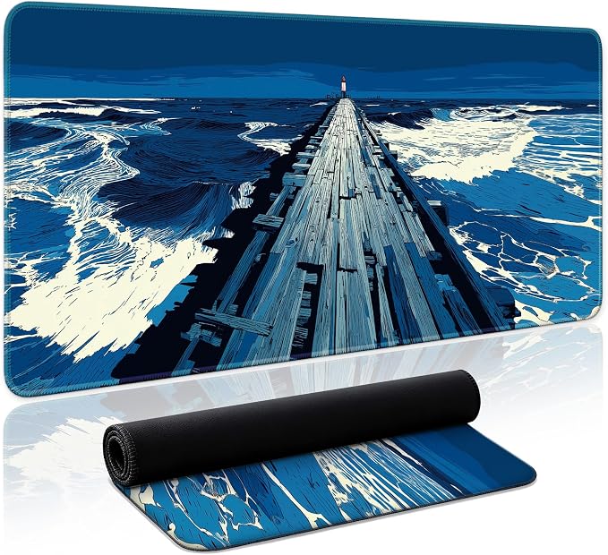 Aesthetic Desk Mat, Cute Coastal Pier Desk Pad Protector for Work & Decor, 31.5" x 11.8", Pretty Non-Slip Extended Mouse Pad for Office or Home