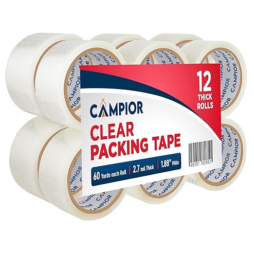 12 Rolls Clear Packing Tape 2 Inch Wide – Strong Adhesion & Durable 1.7 Mil Thickness Clear Packing Tape for Moving, Shipping & Storage – Smooth Unwinding Packaging Tape Refill, 60 Yards Per Roll