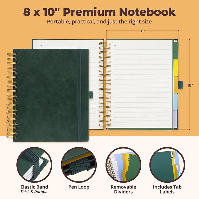 Hardcover Lined Spiral Notebook with Removable Dividers Leather Bound Green | 8x10" 300 Pages College Ruled 5 Subject Notebook for Work - with Tabs, Pockets, and Pen Loop for Note Taking, Large Journal