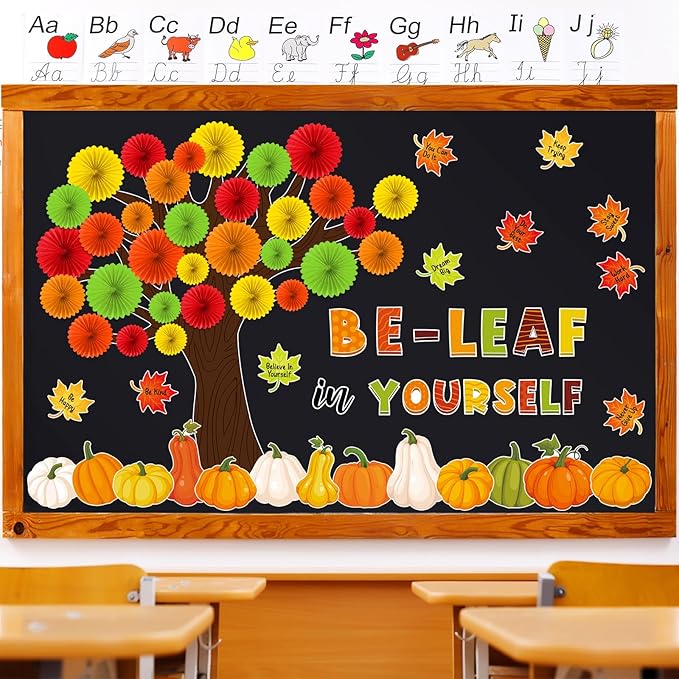 81 Pcs Fall Thanksgiving Tree Bulletin Board for Classroom Be Leaf in Yourself Thanksgiving Tree Bulletin Board Decorations 3D DIY Paper Fans Pumpkin Cutouts Autumn School Home Wall Decor