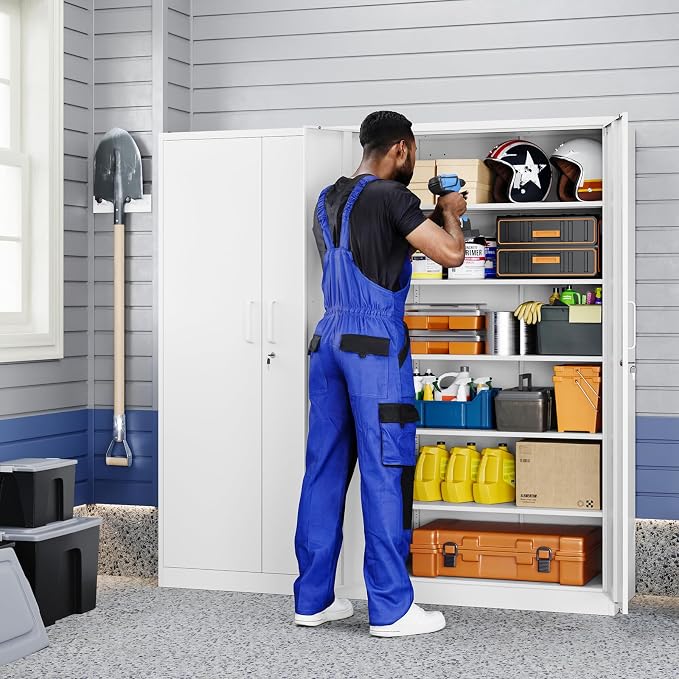 Metal Storage Cabinet with Locking Doors and 5 Adjustable Shelves,- 72" Garage Storage White Steel Lockable File Cabinet for Office,Home,Garage