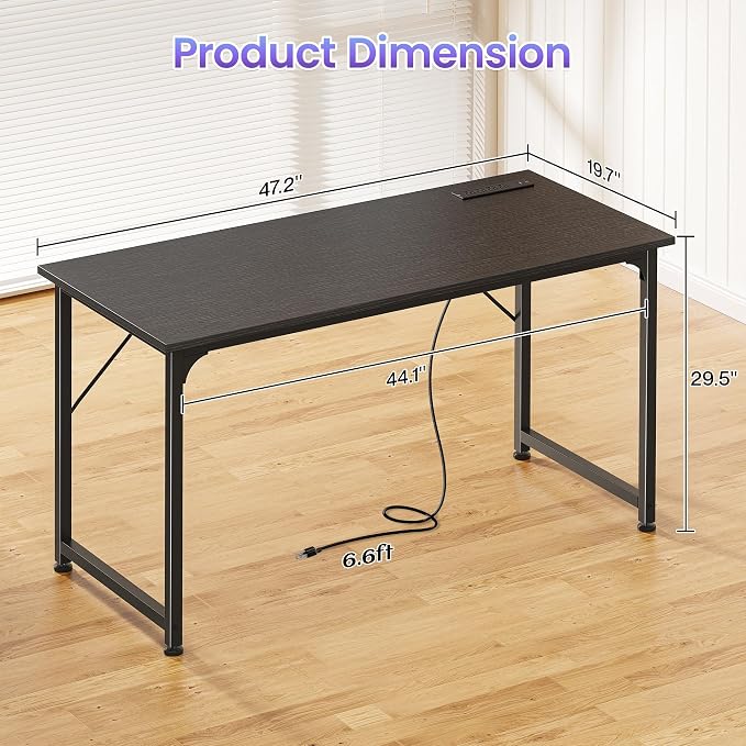 47 X 20 Inch Computer Desk, Power Outlets, USB-C, Black | Office Desk with 4 AC Outlets, USB & USB-C, Sturdy Metal Frame, Spacious Desktop for Work, Writing, Study & Gaming
