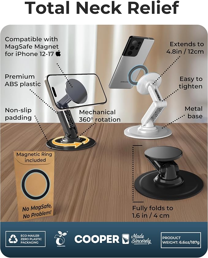 COOPER Mag360 Magnetic Phone Stand for Desk, MagSafe Stand for iPhone 17 | 360° Rotating, Adjustable, Foldable, Portable, Strong Magnet, incl. 2 Steel Rings, Magsafe Phone Holder, Fits all iPhones