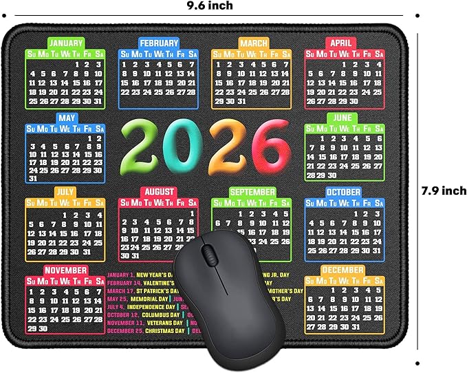 Mouse Pad with Stitched Edge, Computer Mouse Mat with Non-Slip Rubber Base, Mouse Pads for Computers Laptop Mouse 9.6x7.9x0.1 inch, (2026 Calendar Black)