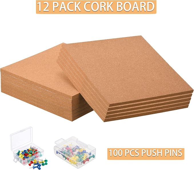 SUNGIFT Cork Board Tiles 12"x12" - 1/2 Inch Thick, 12 Pack | Self-Adhesive Square Bulletin Boards with 100 Push Pins for Photo Walls, Office Notes and Dorm Decor