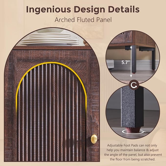 IFGET 61.75" W Modern Arched Sideboard Buffet Cabinet with Storage, Brown | Fluted Arch Sideboard Cabinet w/Adjustable Shelves, Wooden Modular Kitchen Cabinet for Dining& Living Room, Entryway