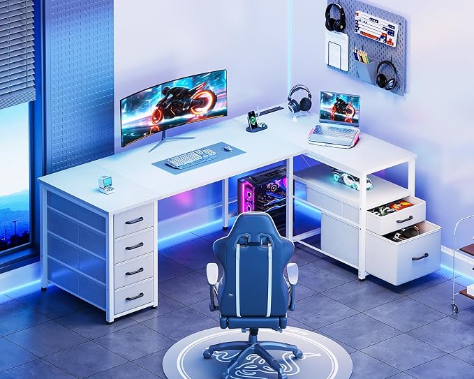 Coleshome 63 Inch L Shaped Office Desk with 6 Drawers, Power Outlet, White | 5 Fabric Drawers, File Drawer, USB and Type-C Ports, Open Storage Shelf, Reversible Layout for Home Office
