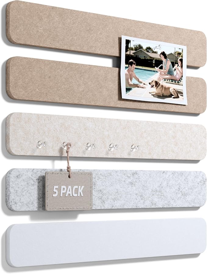 Fluxynara 13" x 2" Felt Wall Panels, Stone Beige | 5-Pack Includes 35 Push Pins and Adhesive Tabs for Photos, Notes and Decor in Bedroom Doors, Home Office or Studios