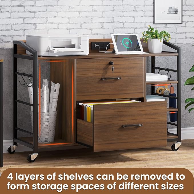SEDETA 44" File Cabinet with Lock, Filing Cabinet fits Legal/Letter Size | Walnut Lateral 2 Drawer Filing Cabinets for Home Office with Lock, Power Strip, 6 Storage Shelves, Wheels and 4 Hooks