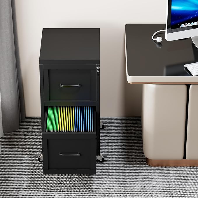 2-Drawer Rolling Metal File Cabinet with Lock, Narrow, Black | Mobile metal filing cabinet with casters; rails fit Letter, Legal and A4 folders, one lock secures both drawers