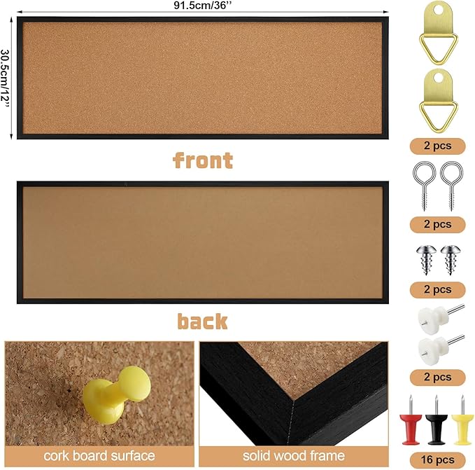 12'' x 36'' Cork Bulletin Board Framed Large Wall Mounted Corkboard with Installation Kit, Push Pins for Home and Office Decor, School Message or Vision Background(Black)