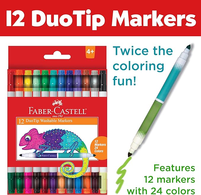 Faber-Castell DuoTip Washable Markers - 12 Markers, 24 Colors | Easter Basket Stuffers (Ages 4+)