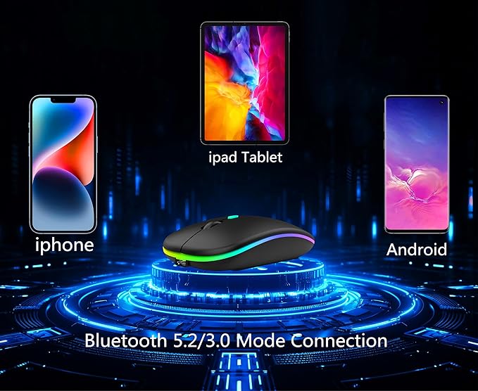 Wireless Bluetooth Mouse Rechargeable Laptop Mice with LED Lights Silent Slim Use(BT5.2 and 2.4G Portable USB Receiver)Dual Mode Computer Mouse for Laptop/iPad/Tablet/Apple/Computer/Mac(Silver)