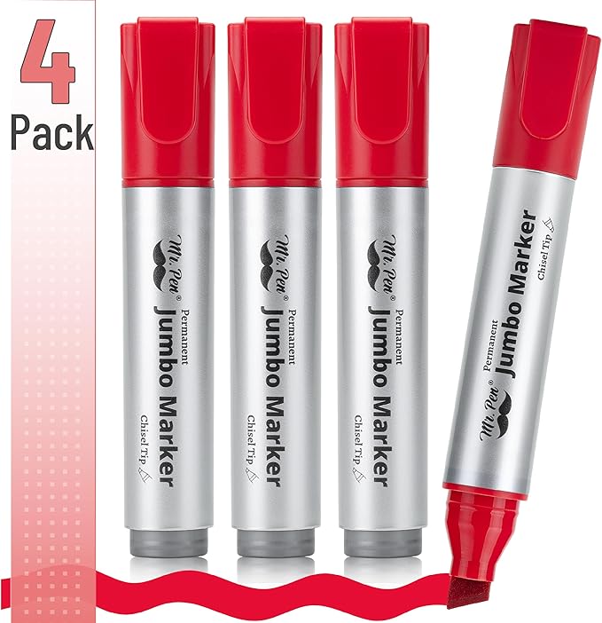 Mr. Pen- Jumbo Permanent Markers, 4 Pack, Red, Chisel Tip, Large