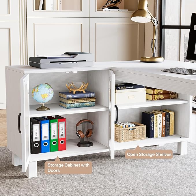 Tribesigns L-Shaped Desk with File Cabinet, 59-Inch Executive Office Desk with Storage Shelves, Wooden Study Writing Desk Farmhouse Corner Computer Desk for Home Office, White