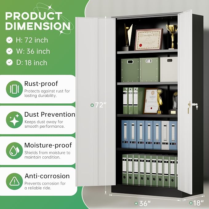 Metal Storage Cabinet with Lock,72" Steel Lockable File Locker Cabinet with Locking Doors and Adjustable Shelves, Storage Lockers for Office, Home, Garage, Gym, School (Black Grey)