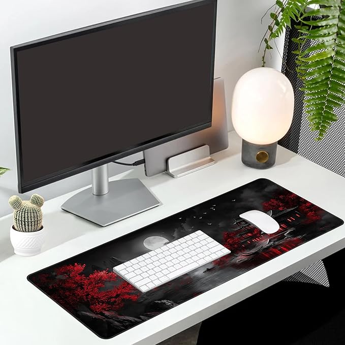 Long Gaming Mouse Pad Extended Anime Large Desk Pad with Non-Slip Base Full Keyboard Mat with Stitched Edges for Gaming and Office 31.5 x 11.8 inches (Dark Night Full Moon)