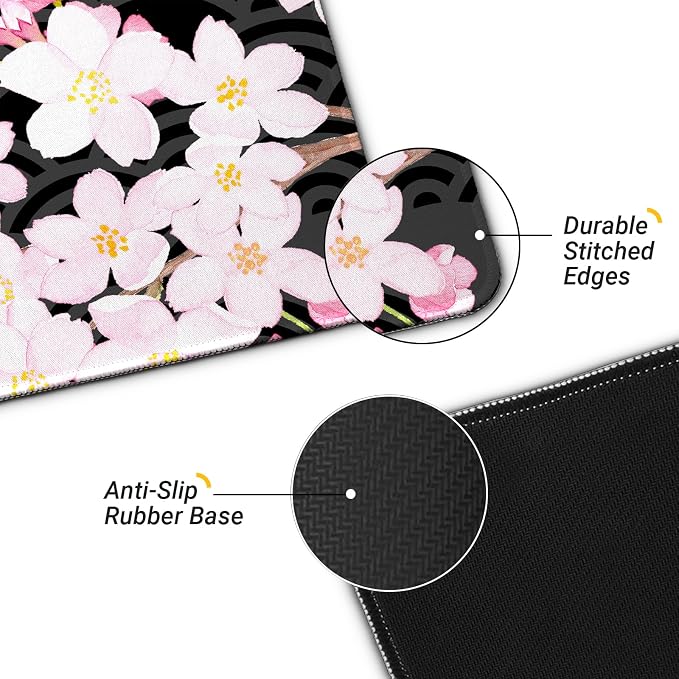 Gaming Mouse Pad with Anti-Slip Rubber Base, Extended Large Computer Mouse Mat with Stitched Edges, Long XL Anime Mousepad for Laptop and Keyboard, 31.5 x 11.8 inch (Black Cherry Blssom)
