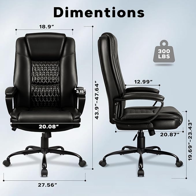 Executive Office Chair, High Back Ergonomic Desk Chair with Lumbar Support, Adjustable Big and Tall Computer Chair, 360° Swivel, PU Leather, Black