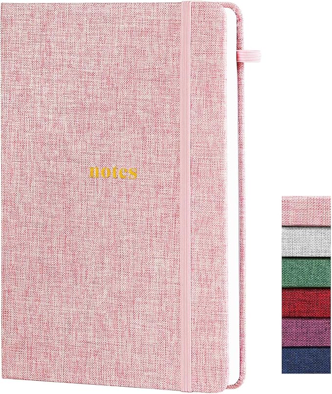 A5 Lined Journal Notebook, Fabric Hardcover | 100GSM Paper 160 Pages, 5.7"x8.39" College Ruled Journaling, Elastic Band & Pen Loop, for Work, School Note Taking (Pink)