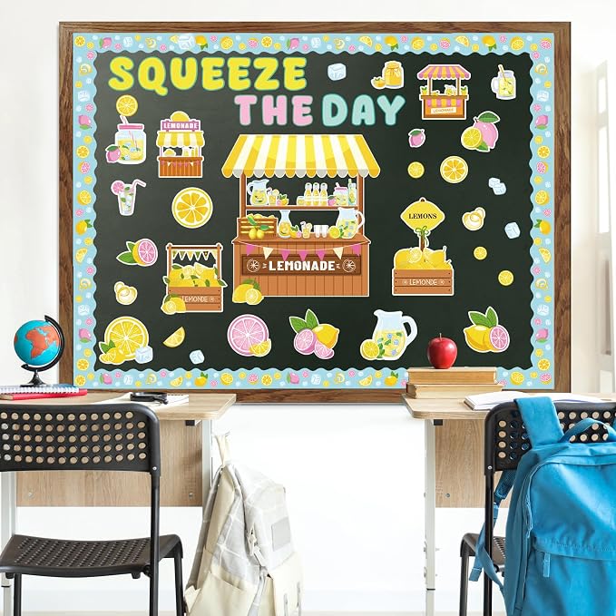 Wxiben Lemon Bulletin Board Decorations, Lemonade Stand Classroom Decor | Squeeze The Day Cutouts Summer Bulletin Board Set, Back to School Office Wall Decorations Supplies