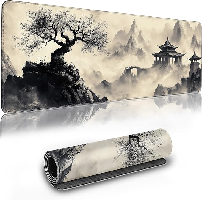 Long Gaming Mouse Pad Extended Anime Large Desk Pad with Non-Slip Base Full Keyboard Mat with Stitched Edges for Gaming and Office 31.5 x 11.8 inches (Black Ink Painting)