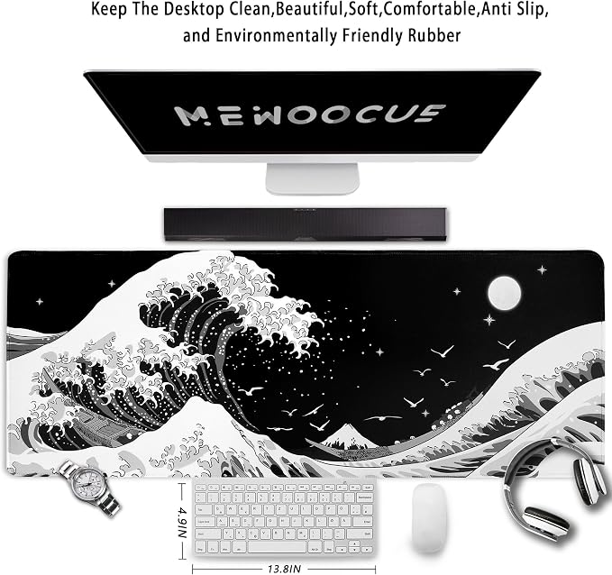 MEWOOCUE® Gaming Mouse Pad for Desk,Large Sea Wave Mousepad Laptop,Black White Japanese Anime Mouse Mat,Long XXL Waterproof Keyboard Pads,Big Non-Slip Mouse Pads for Game Office Home（31.5 x 11.9 in）