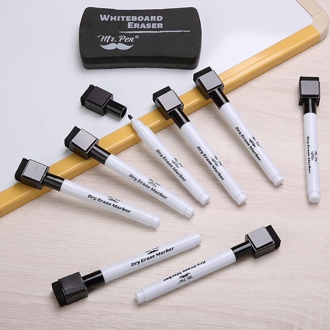 Mr. Pen- Magnetic Dry Erase Markers, 8 Pack with Eraser, Fine Tip Black Dry Erase Pens with Magnet