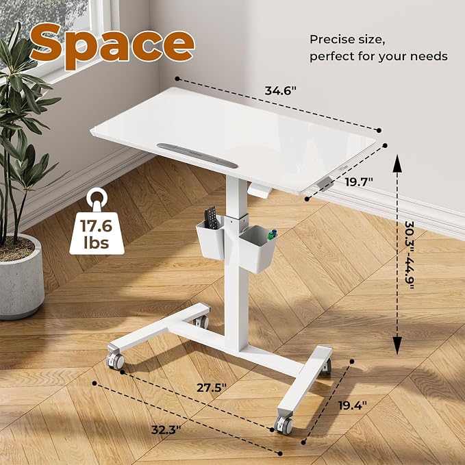 35" Glass Mobile Standing Desk, Foldable Desktop for Storage | Height Adjustable Portable Drafting & Laptop Desk with Wheels, Small Rolling Whiteboard for School Home Office, White