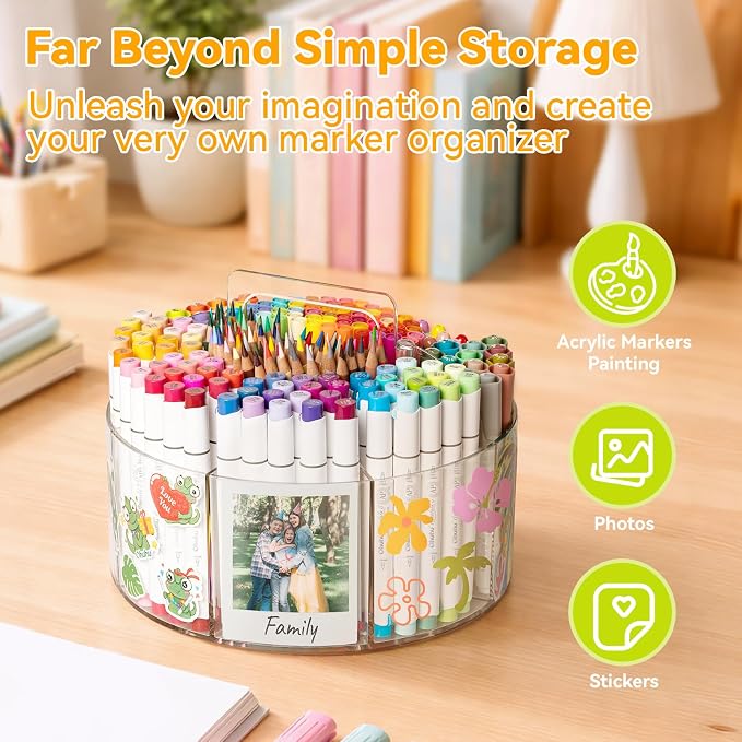 Ohuhu 360° Rotating Acrylic Marker Storage Organizer for Alcohol Markers | Clear Acrylic Pen Holder with Hidden Handle, 10 Compartments for Markers Pens & Pencils, Home Classroom Office Desk Organizer