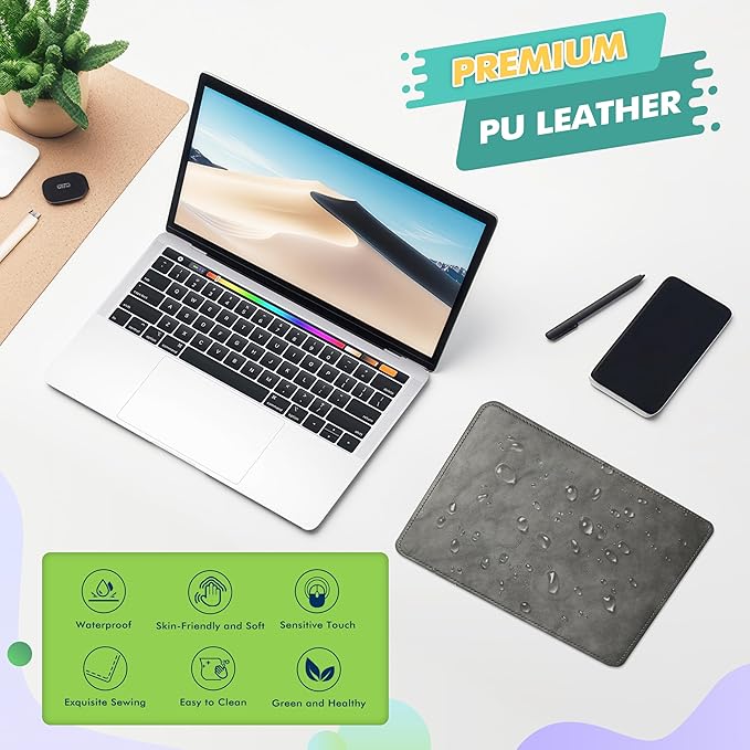 Leather Mouse Pad with Stitched Edge Micro-Fiber Base with Non-Slip Waterproof，Mouse Pad for Computers，Laptop, 8x11Inch (Gray)