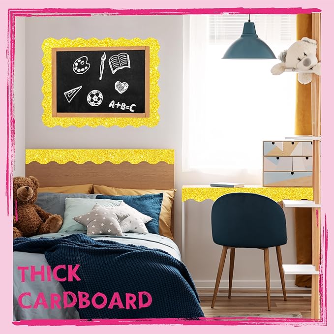 60 Feet Bulletin Board Borders, 45 Sheets Golden Glittering Scalloped Border Trim, Walls, Desks, Windows, Doors, Chalkboards, Whiteboards Decors for School, Classroom, Home & Offices