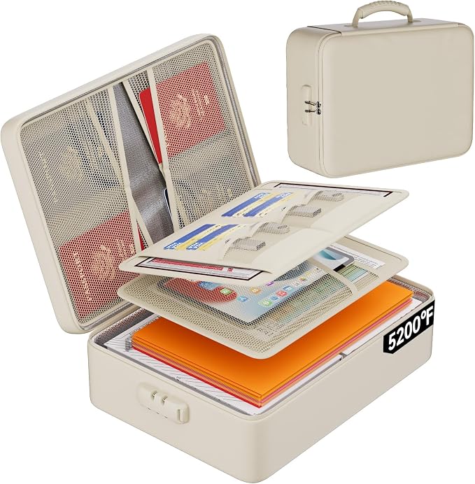 DocSafe 5200°F Fireproof Document Organizer Box with Lock, Beige (Soft) | Heat Insulated 8 Layers File Storage Bag,Water-Resistant Zipper,Home Office Travel Safe,Protects Important Documents,Laptop
