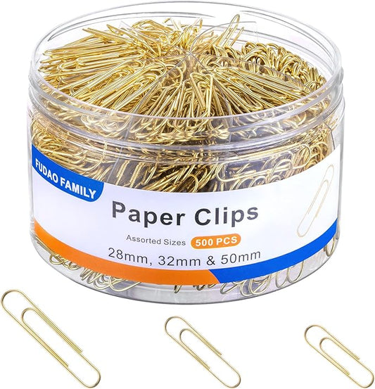 FUDAO FAMILY Assorted Sizes Paper Clips, 500 PCS - Gold, Small, Medium, Large