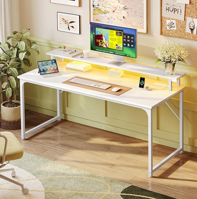 48 inch Gaming Desk, LED & Power Outlets, Monitor Stand, White | Sturdy PC Desk for Home Office, Study & Work, LED Lights, 4 AC Outlets & USB-C Charging Station