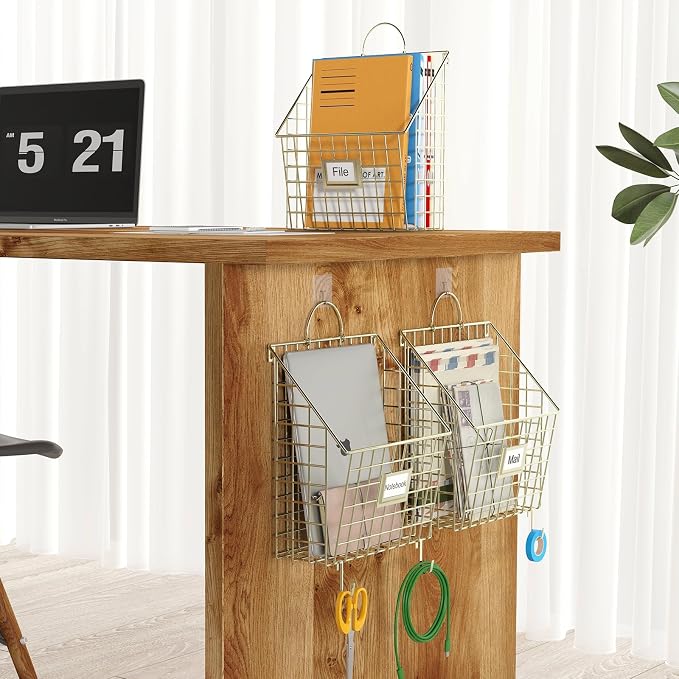 4 Packs Hanging Wall File Organizer with Hooks, Magazine Rack ,Mail Basket | Mesh Wall Mounted File Holder with Handles, Home Office Organization for Papers Folder Files, No Assembly Required, Gold