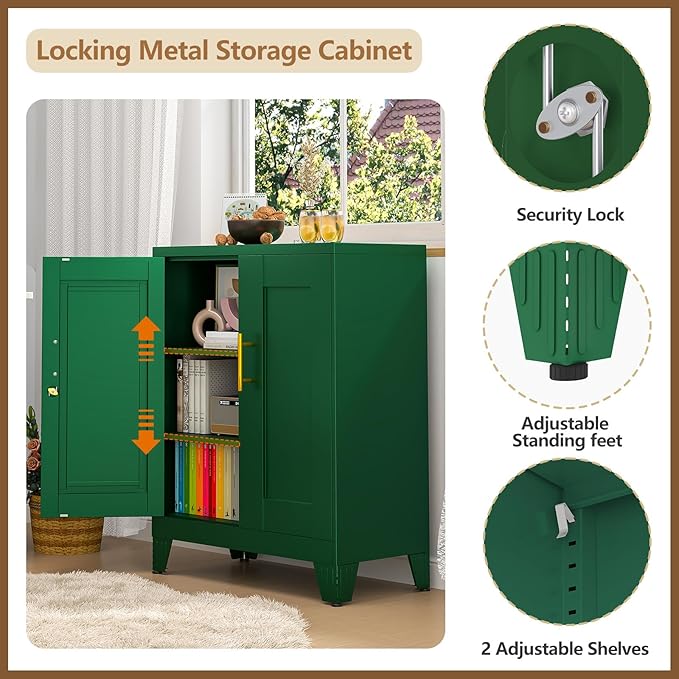 GAIOUS 36" Tall Metal Storage Cabinet with Lock, File Cabinet with 2 Doors and 2 Adjustable Shelves, Green Bathroom Floor Storage Cabinets, Freestanding Small Locked Cabinets for Home/Office/Garage