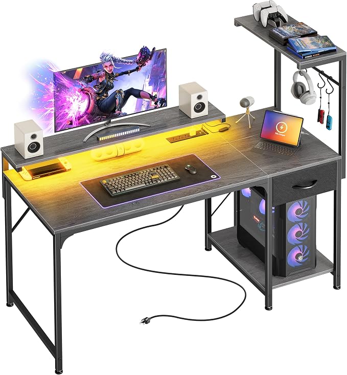 47.2 Inch Gaming Desk with LED Lights & Power Outlets | Computer Desk with Drawer & Storage Shelves, Office Writing Desk with Monitor Stand for Work from Home, Grey