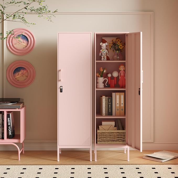 Pink Metal Locker Cabinet, 59.1" Lockable Storage Locker for Employees with Adjustable Shelves, Locking File Cabinet Door for Office, School, Gym, Garage