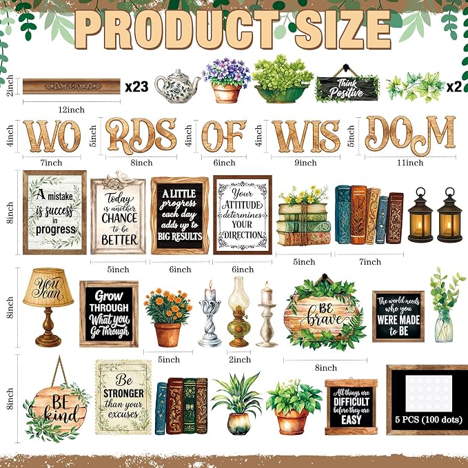 Mooliwe 57 Pcs Greenery Bulletin Board Set Classroom Decor Vintage Plant | Motivational Quotes for School Office, Plant Cutouts with Greenery, Farmhouse Style Chalkboard Classroom Wall Decor
