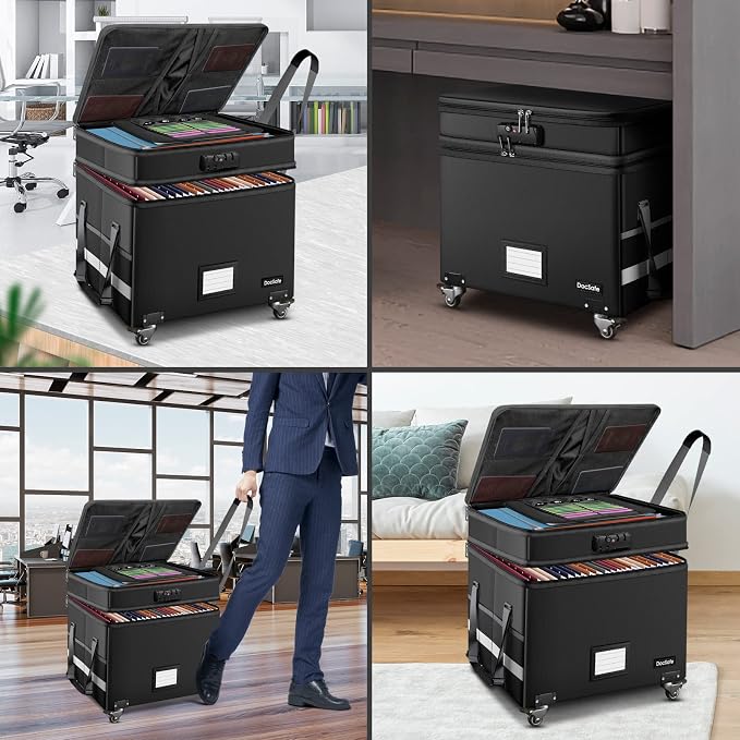DocSafe Fireproof Document Box with Lock,2-Layer File Box with Wheels,Collapsible File Storage Organizer with Pockets,Large Portable Home Filing Cabinet for Hanging Folders,Black,16''x13.8''x12.2''